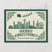 Seattle Skyline Green Christmas Holiday Briefkaart (Voorkant)
