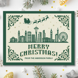 Seattle Skyline Green Christmas Holiday Briefkaart