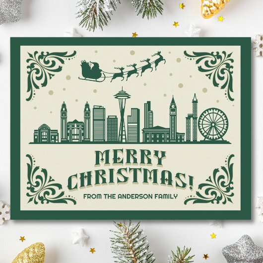 Seattle Skyline Green Christmas Holiday Briefkaart