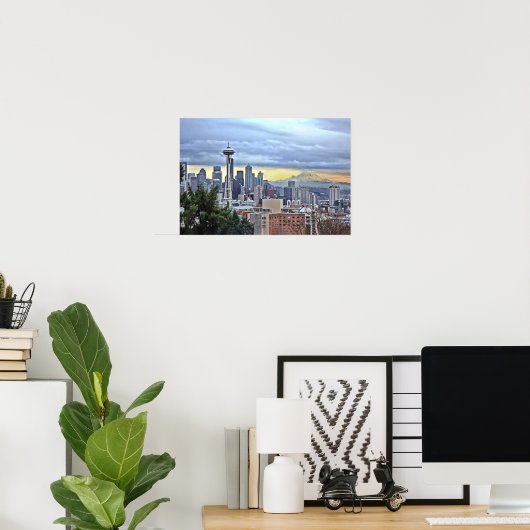 Seattle Skyline in Fog en Rain Poster (Thuiskantoor)