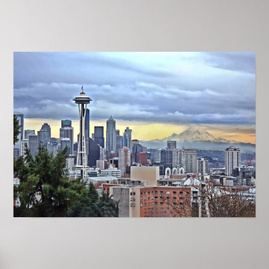 Seattle Skyline in Fog en Rain Poster (Voorkant)