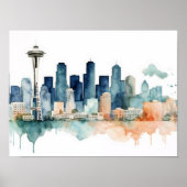 Seattle Skyline in Watercolor hues Poster (Voorkant)