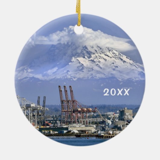 Seattle Skyline met Mt. Rainier over de haven, Keramisch Ornament (Achterkant)