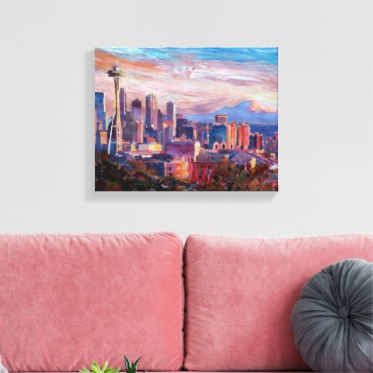 Seattle skyline met ruimtenaald en MT Rainier Canvas Afdruk (Insitu (Woonkamer))