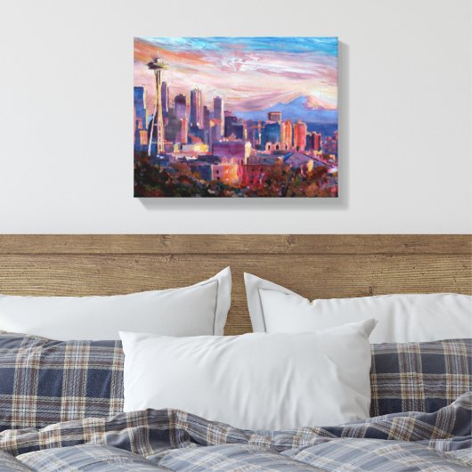 Seattle skyline met ruimtenaald en MT Rainier Canvas Afdruk (Insitu (Slaapkamer))