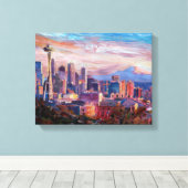 Seattle skyline met ruimtenaald en MT Rainier Canvas Afdruk (Insitu (Houten vloer))