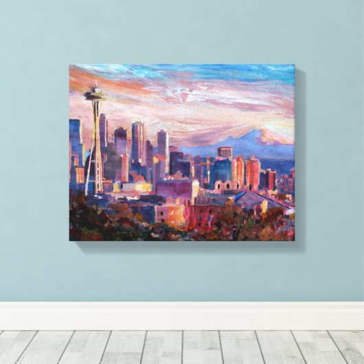 Seattle skyline met ruimtenaald en MT Rainier Canvas Afdruk (Insitu (Houten vloer))