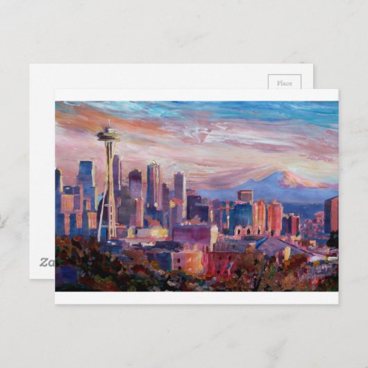 Seattle Skyline met Space Needle en Mt Rainier Briefkaart (Voorkant / Achterkant)