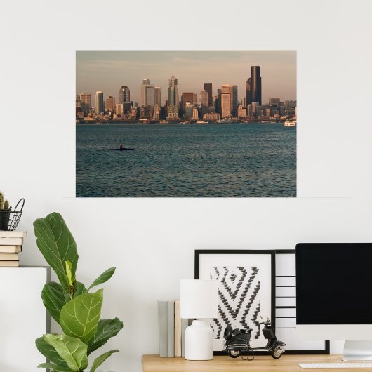 Seattle Skyline op Sunset met Kayaker Print (Thuiskantoor)