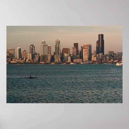 Seattle Skyline op Sunset met Kayaker Print (Voorkant)