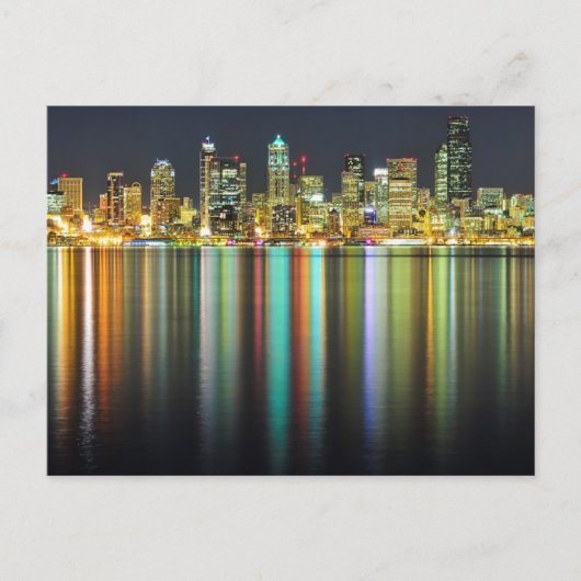 Seattle skyline 's nachts met reflectie briefkaart (Voorkant)