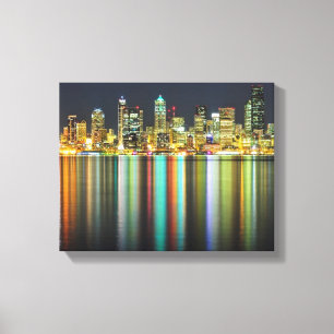 Seattle skyline 's nachts met reflectie canvas afdruk