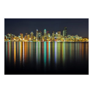Seattle skyline 's nachts met reflectie perfect poster