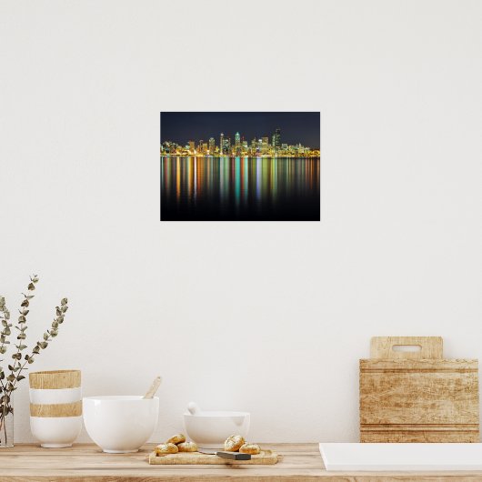 Seattle skyline 's nachts met reflectie poster (Keuken)