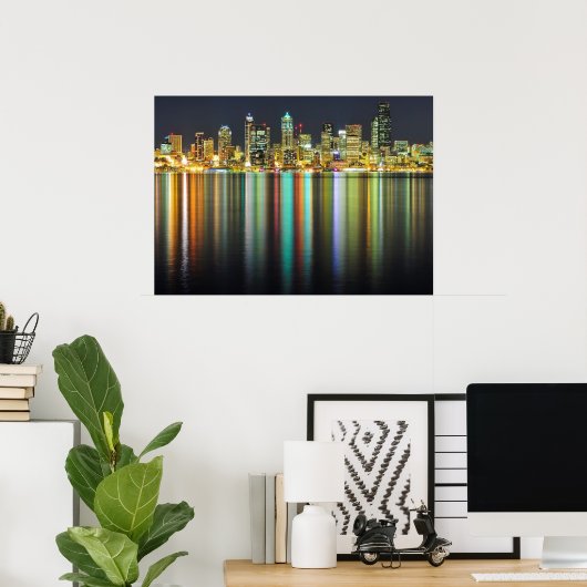 Seattle skyline 's nachts met reflectie poster (Thuiskantoor)