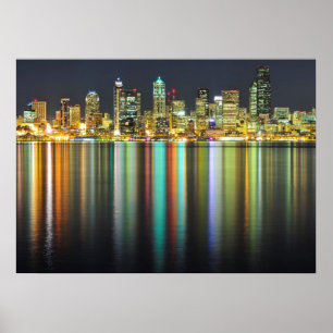 Seattle skyline 's nachts met reflectie poster