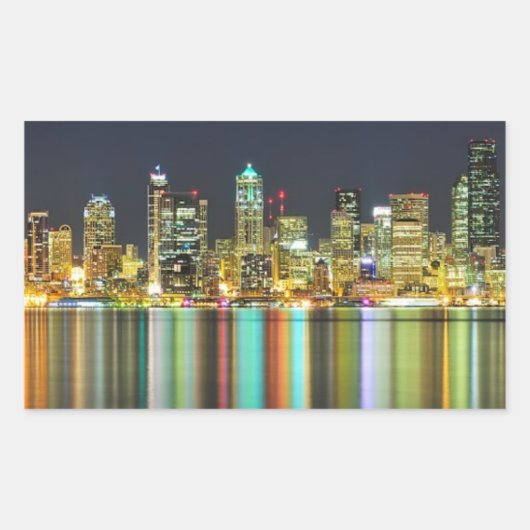 Seattle skyline 's nachts met reflectie rechthoekige sticker (Voorkant)