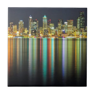 Seattle skyline 's nachts met reflectie tegeltje