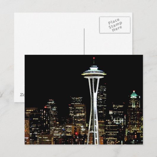 Seattle skyline 's nachts, met Space Needle. Briefkaart (Voorkant / Achterkant)