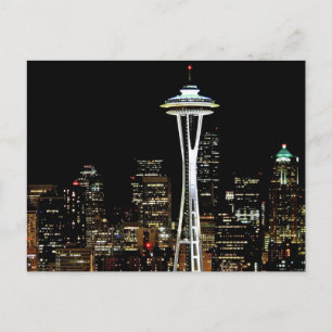 Seattle skyline 's nachts, met Space Needle. Briefkaart