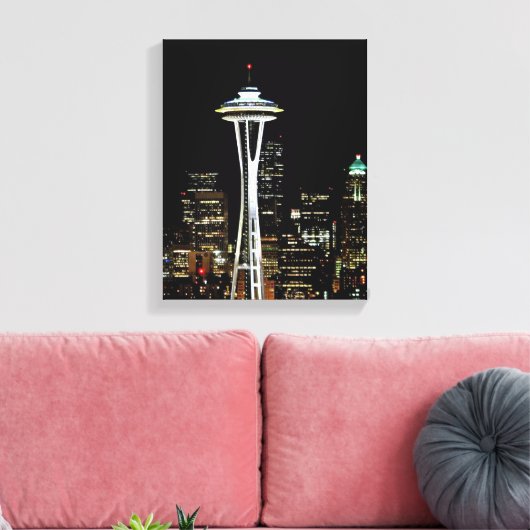 Seattle skyline 's nachts, met Space Needle. Canvas Afdruk (Insitu (Woonkamer))