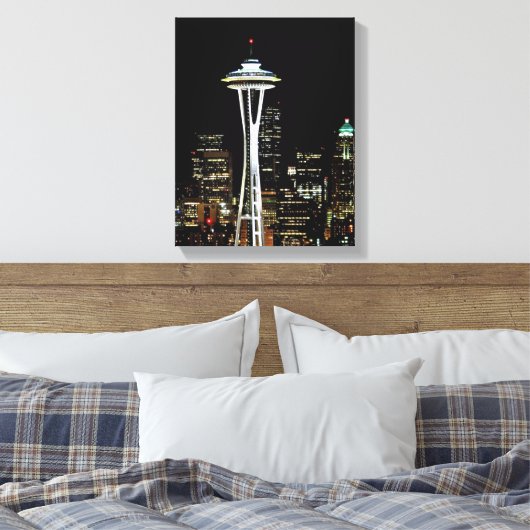 Seattle skyline 's nachts, met Space Needle. Canvas Afdruk (Insitu (Slaapkamer))