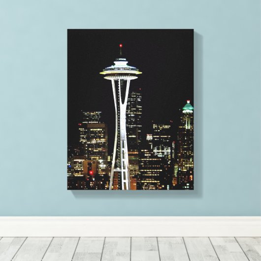 Seattle skyline 's nachts, met Space Needle. Canvas Afdruk (Insitu (Houten vloer))