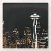 Seattle skyline 's nachts, met Space Needle. Glazen Onderzetter (Voorkant)