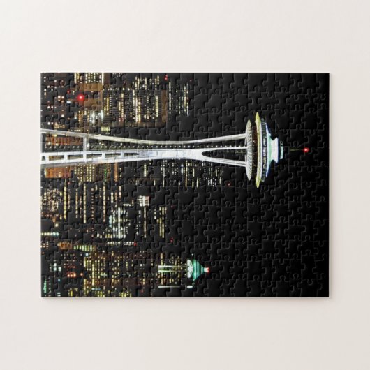 Seattle skyline 's nachts, met Space Needle. Legpuzzel (Horizontaal)