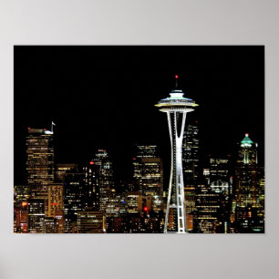 Seattle skyline 's nachts, met Space Needle. Poster