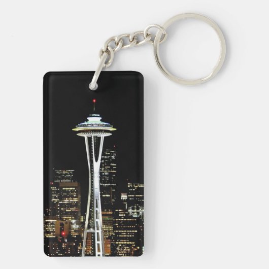Seattle skyline 's nachts, met Space Needle. Sleutelhanger (achterkant)