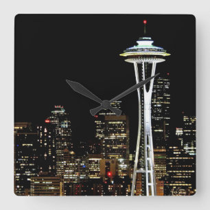 Seattle skyline 's nachts, met Space Needle. Vierkante Klok
