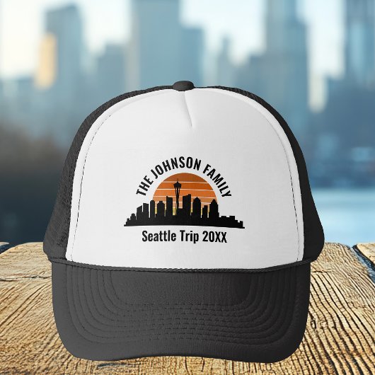Seattle Skyline Sunset aangepaste familie vakantie Trucker Pet