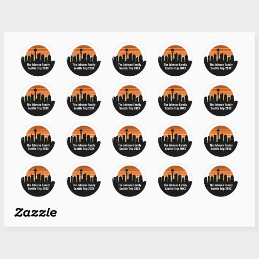 Seattle Skyline Sunset Trip gepersonaliseerd Ronde Sticker (Vel)