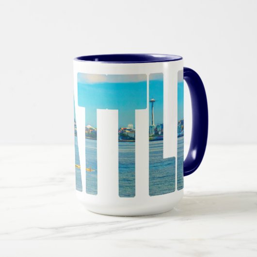 Seattle Skyline Typografie Modern Photo Coffee Mok (Voorkant rechts)