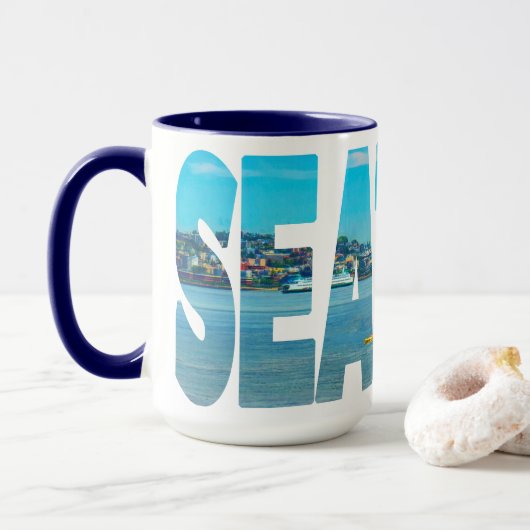 Seattle Skyline Typografie Modern Photo Coffee Mok (Met donut)
