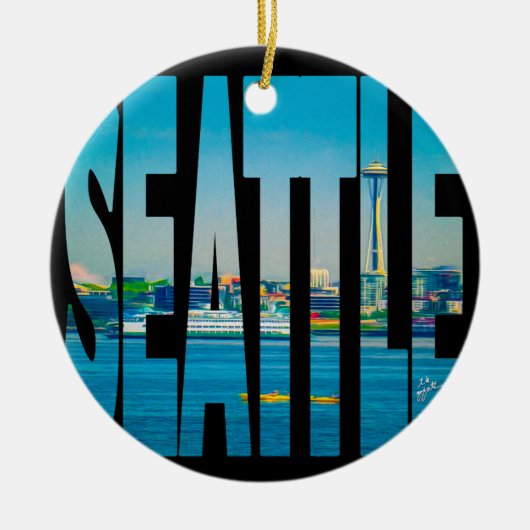 Seattle Skyline Typography Modern Photo Holiday Keramisch Ornament (Voorkant)