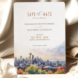 Seattle Skyline Waterverf Save the Date Wedding Kaart