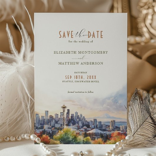 Seattle Skyline Waterverf Save the Date Wedding Kaart