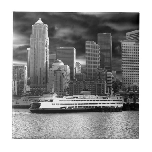 seattle skyline zwart - wit tegeltje (Voorkant)