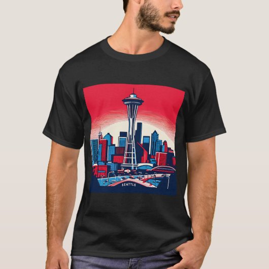 Seattle Space Needle Cityscape Retro T-Shi T-shirt (Voorkant)