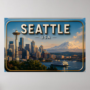 Seattle Space Needle en Mount Rainier  Poster