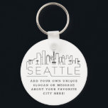 Seattle Stylized Skyline | Aangepaste slogan Sleutelhanger<br><div class="desc">Een unieke sleutelketen die de prachtige stad Seattle vertegenwoordigt. Deze sleutelhanger bevat een gestileerde illustratie van de unieke skyline van de stad met de naam eronder. Onder de stadsnaam bevindt zich een plek voor je unieke slogan of verklaring over je favoriete stad.</div>