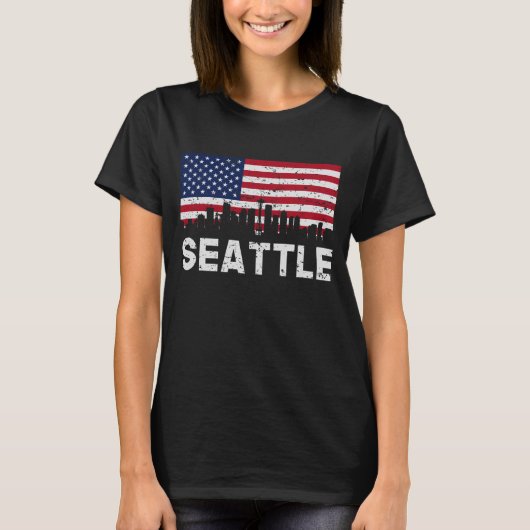 Seattle WA American Flag Skyline Distress T-shirt (Voorkant)