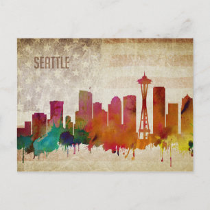 Seattle, WA   Waterverf City Skyline Briefkaart