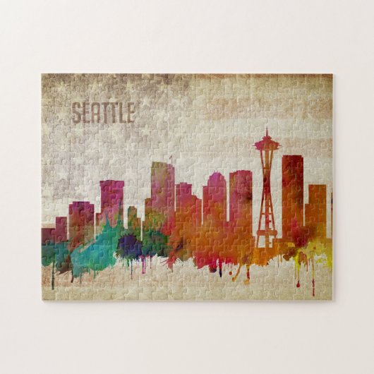 Seattle, WA | Waterverf City Skyline Legpuzzel (Horizontaal)