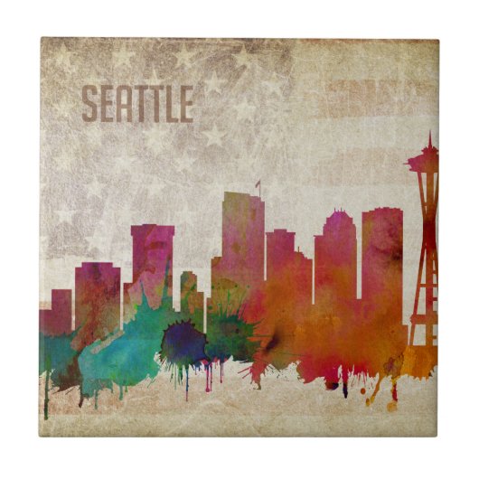 Seattle, WA | Waterverf City Skyline Tegeltje (Voorkant)