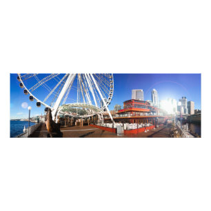Seattle WA   Zonnige Pier & het Grote Wiel   36x12 Foto Afdruk