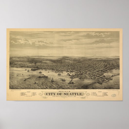 Seattle Washington 1878 Antiek Panorama Poster (Voorkant)