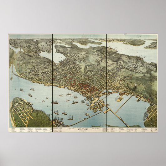 Seattle Washington 1891 Antiek Panorama Poster (Voorkant)